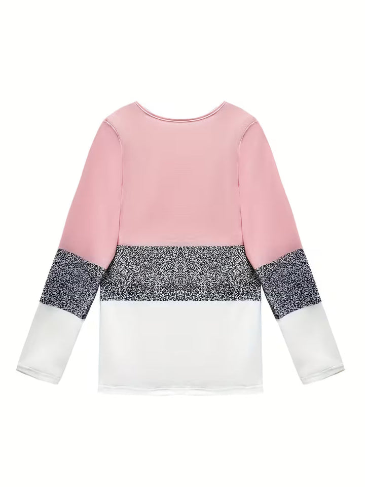 Milira - Color Block Glitter Panel Long Sleeve Top