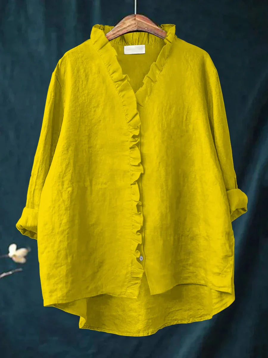Sanela - Casual Cotton And Linen Ruffle Shirt