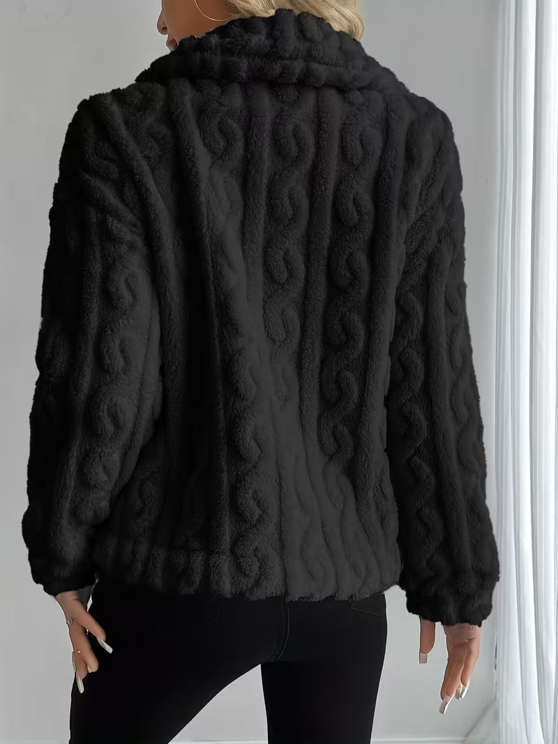 Rosaella - Cable Textured Fuzzy Teddy Jacket