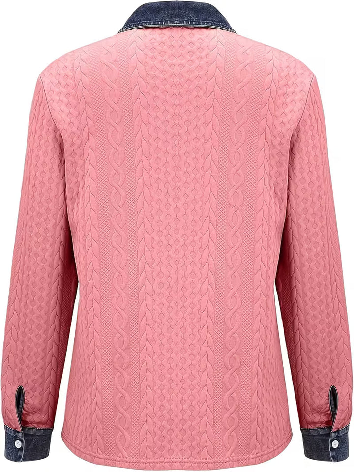 Isolaruya - Long Sleeve Cable Knit Shirt with Denim Collar