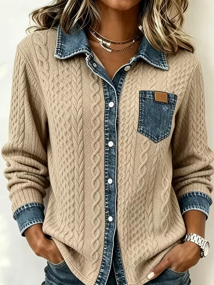 Isolaruya - Long Sleeve Cable Knit Shirt with Denim Collar