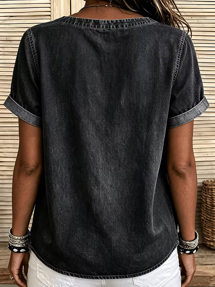 Ferina - Distressed Short Sleeve Denim Top