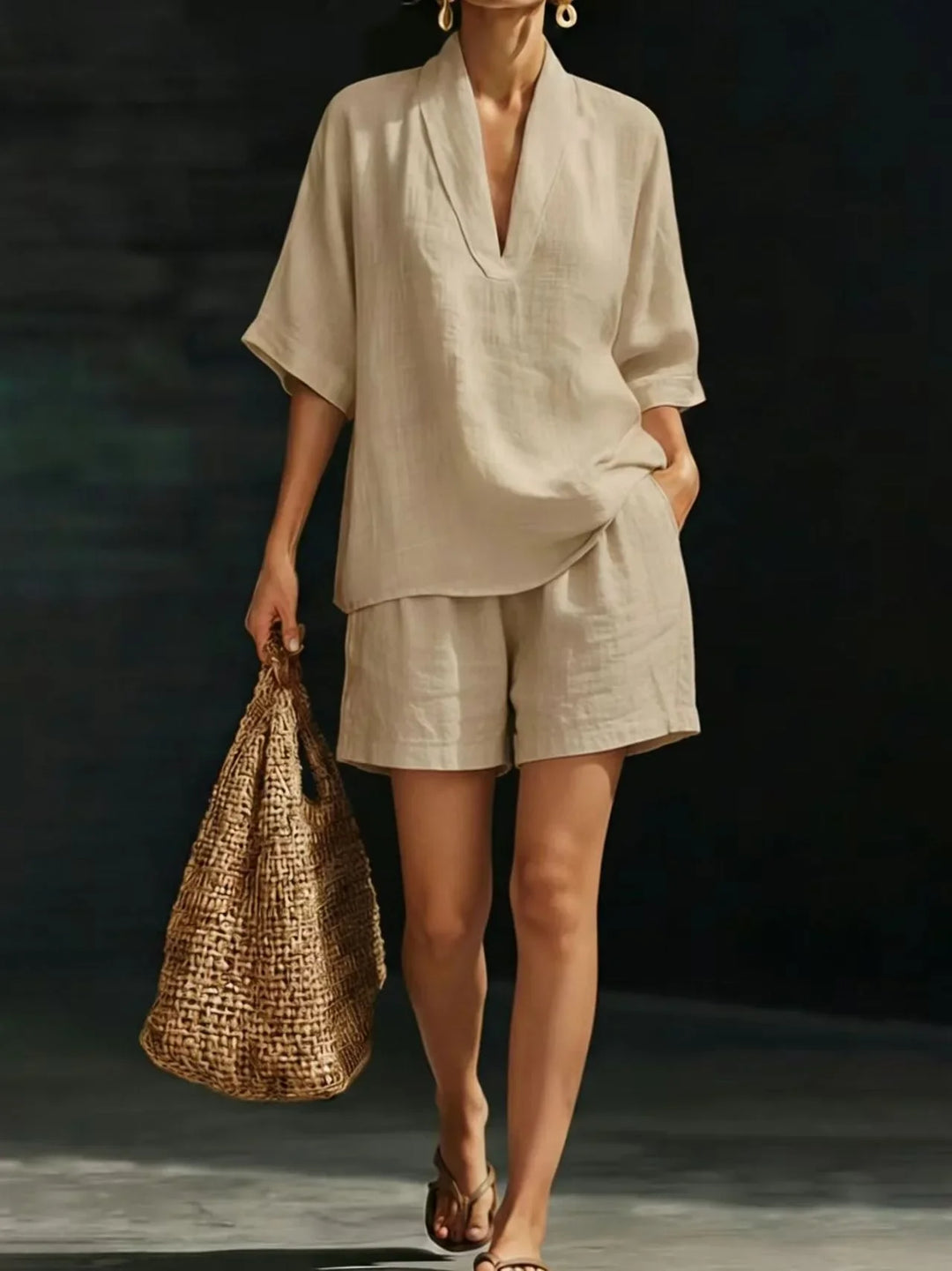 Silvani - Casual Cotton V-Neck Top And Short Set