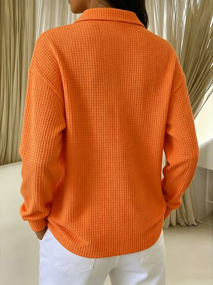 Imogelura - Elegant Waffle Polo Collar Shirt