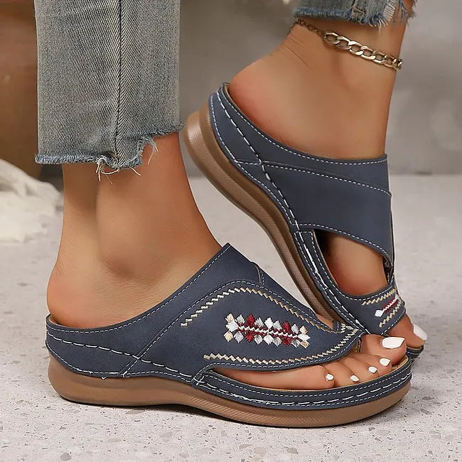 Jacky - Embroidered Toe Loop Wedge Sandals
