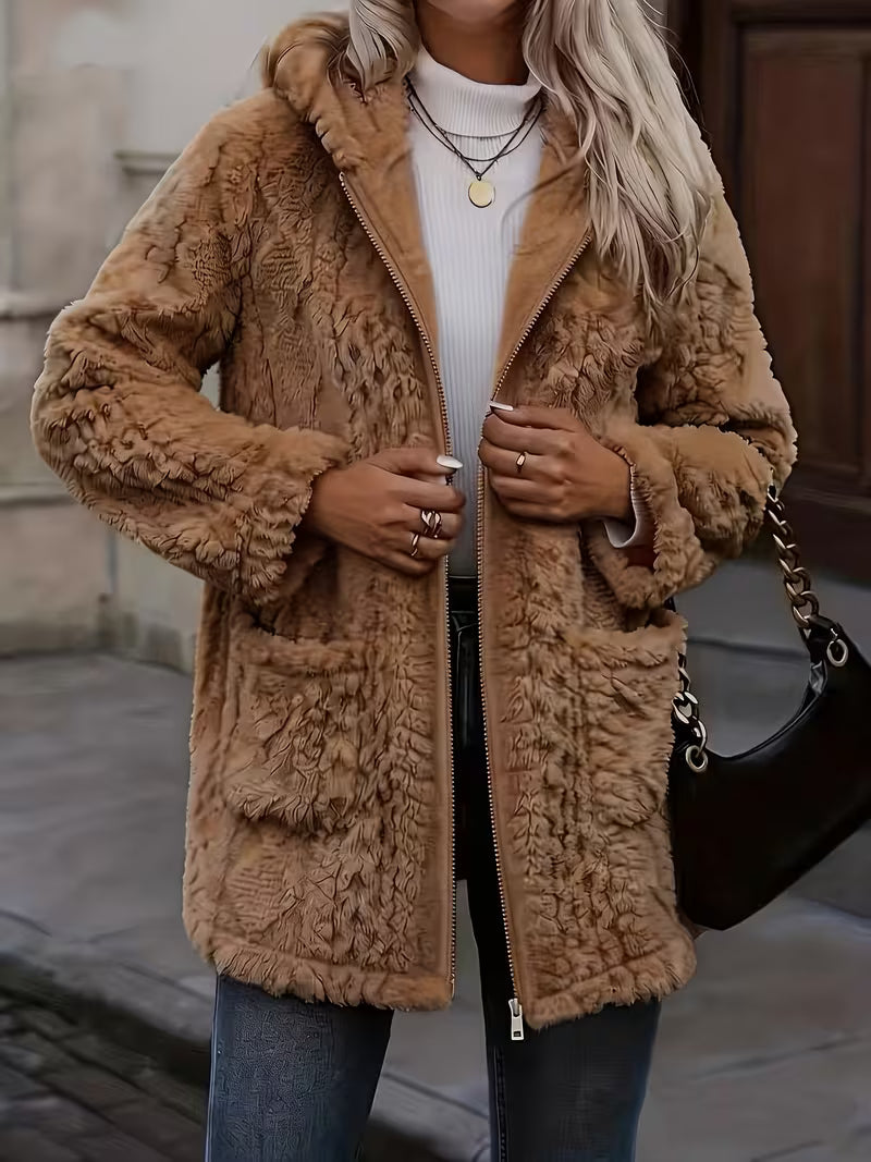Zanea - Double Sided Plush Zip-Up Hooded Cardigan