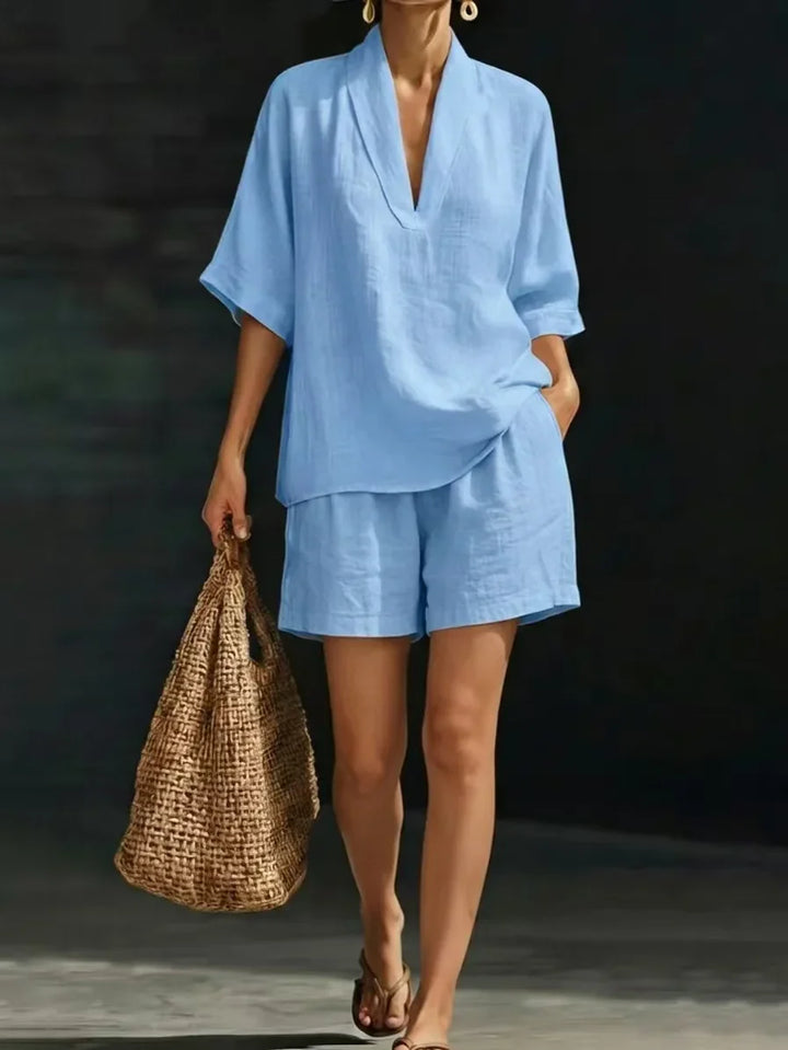 Silvani - Casual Cotton V-Neck Top And Short Set