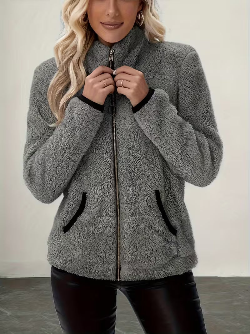 Esmeetta - Fuzzy Long Sleeve Zip-Up Jacket