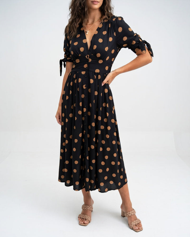 Fabienne - Elegant Polka Dot Print Midi Dress