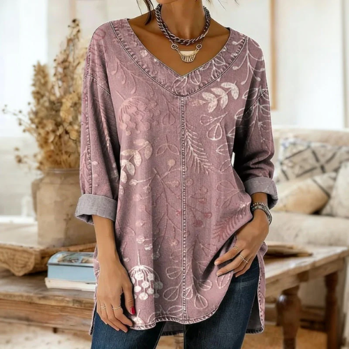 Olivija - Floral Art Print Denim Blouse