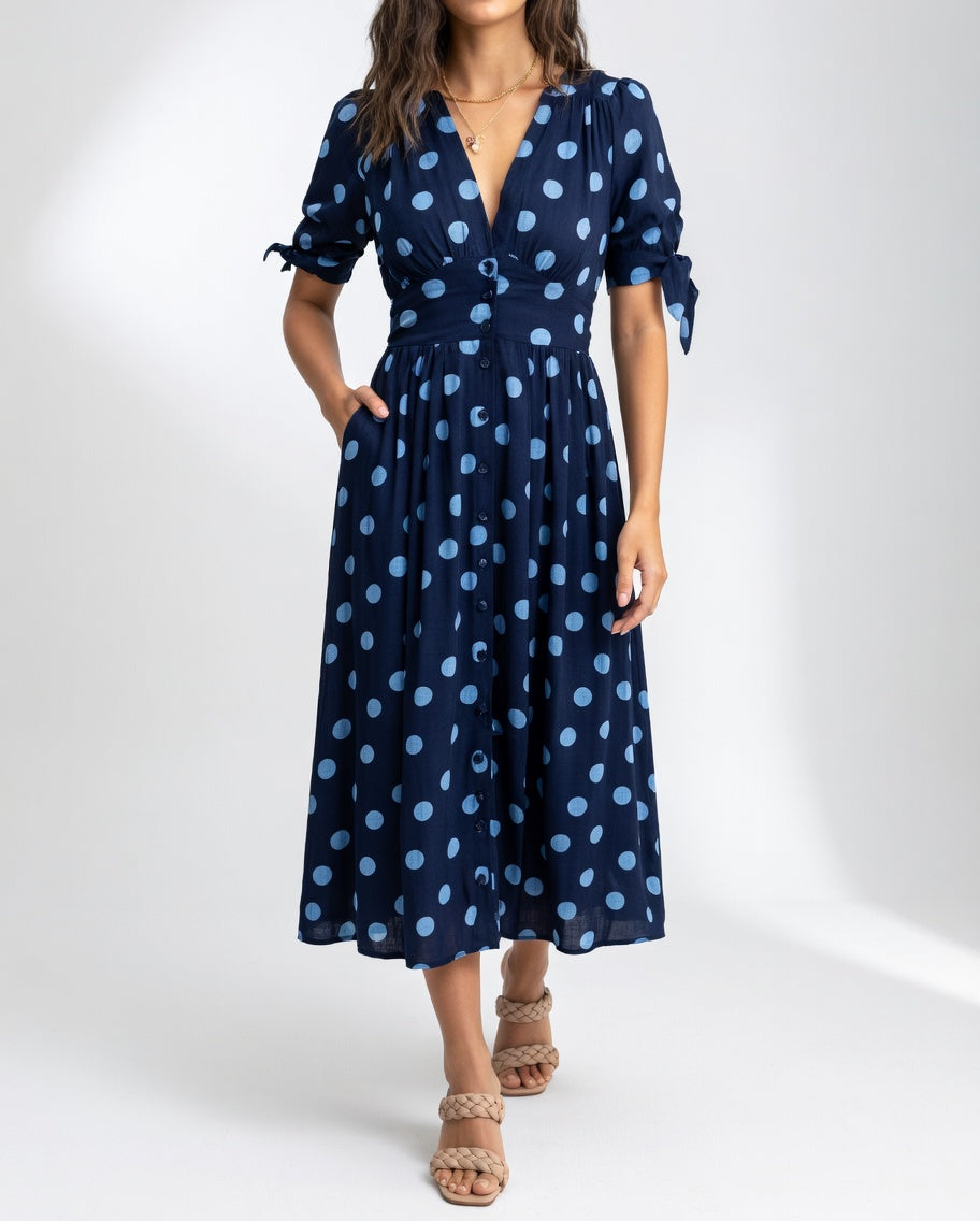 Fabienne - Elegant Polka Dot Print Midi Dress