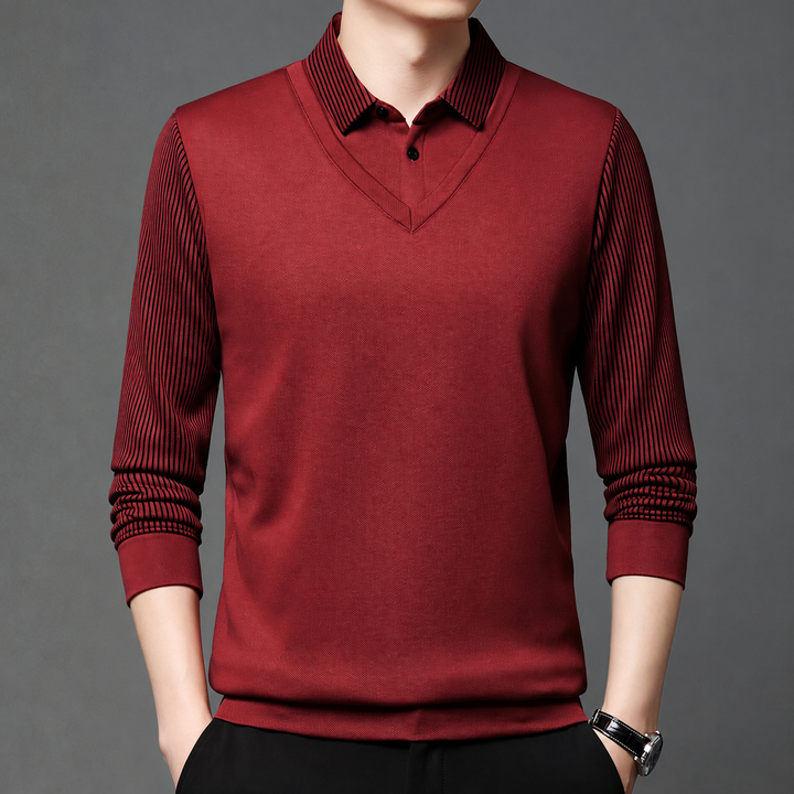 Svevira - Striped Sleeve Sweater With Buttoned Shirt Collar