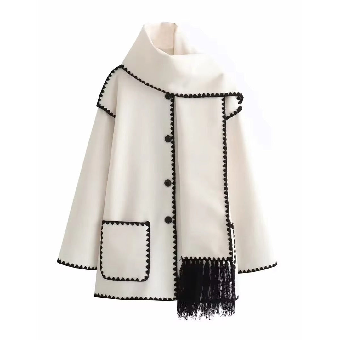 Anelinoria - Embroidered Fringe Coat With Matching Scarf