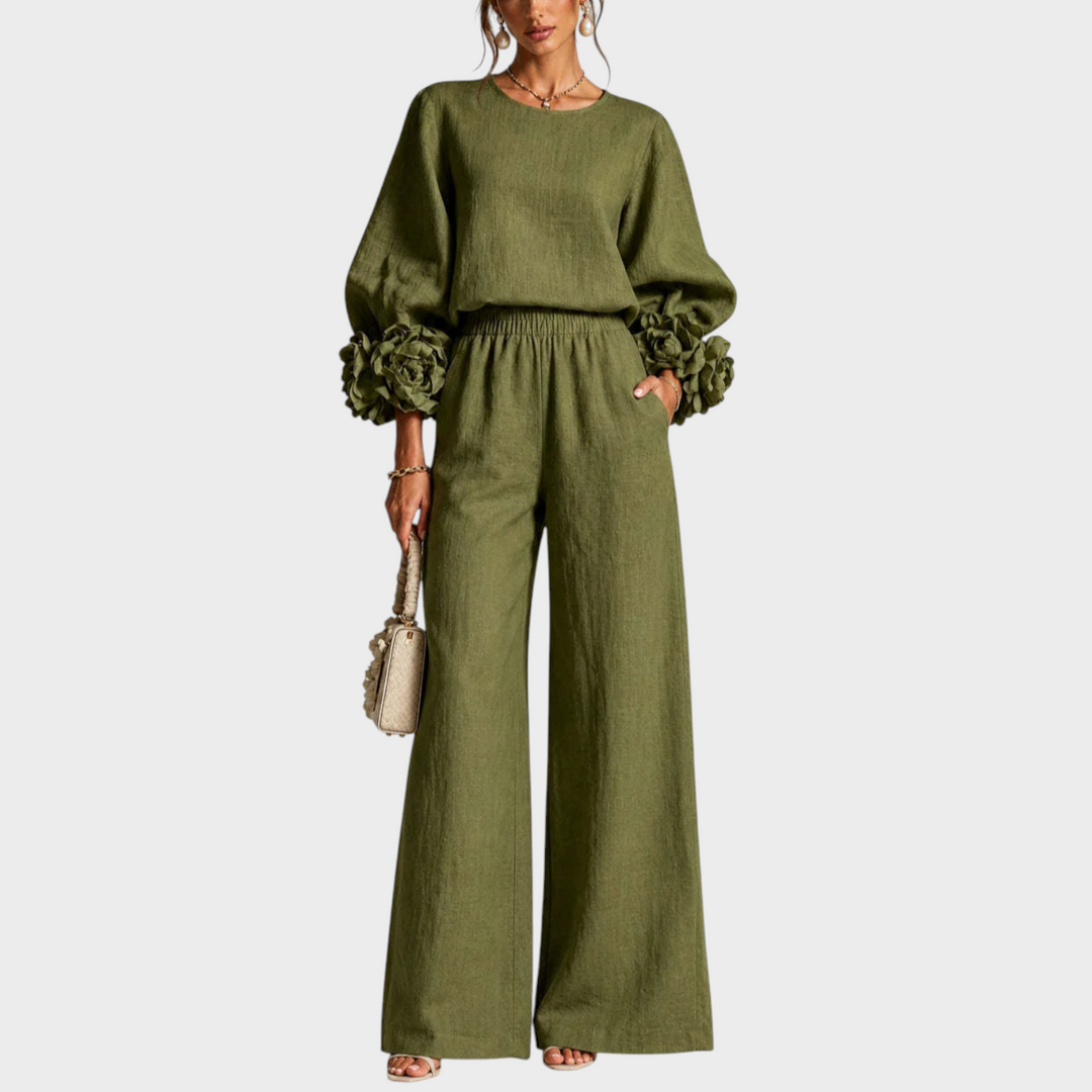 Elisora - Floral Cuff Long Sleeve Wide-Leg Pants Set