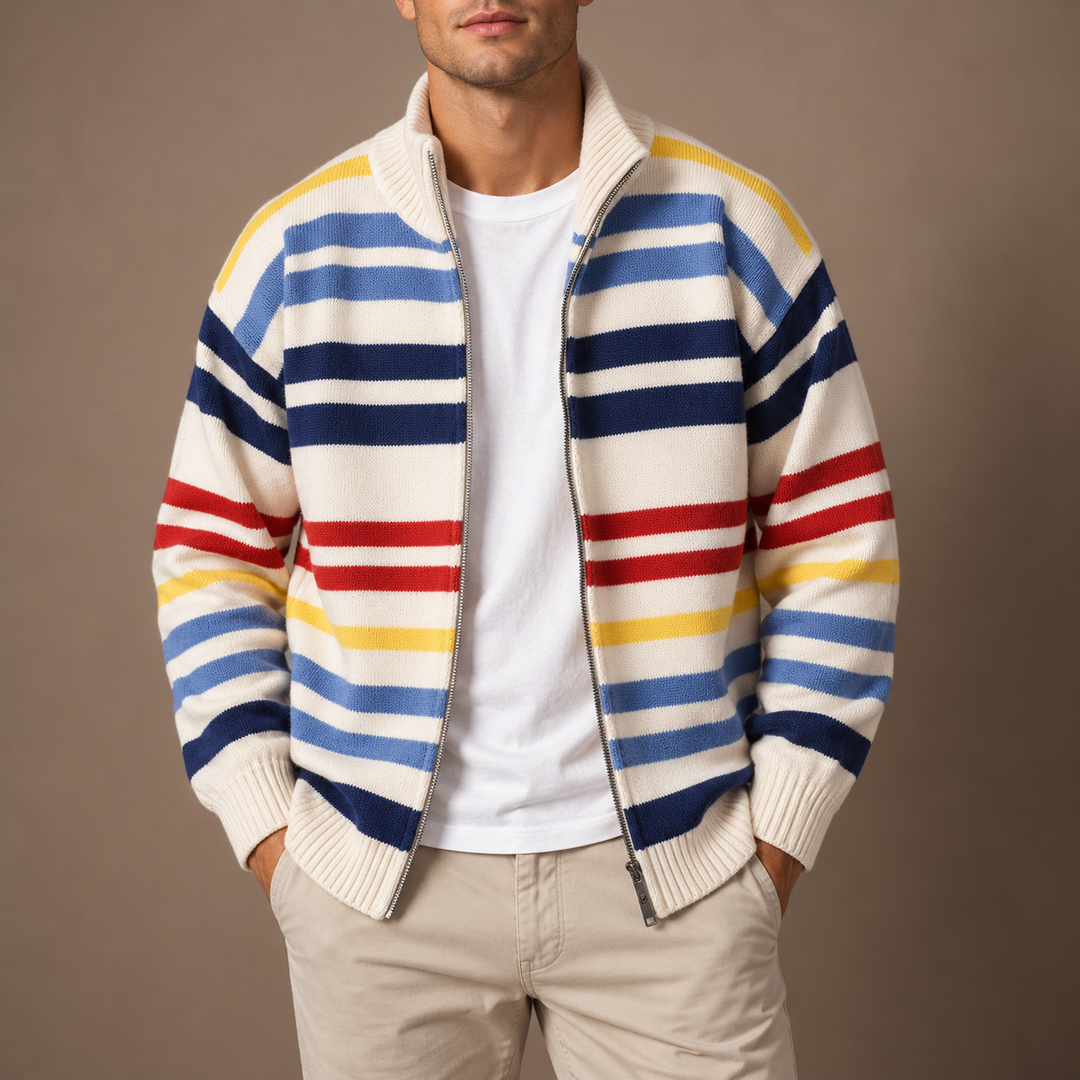 Ingrosuza - Cardigan with Multicolor Stripes and Zip Closure