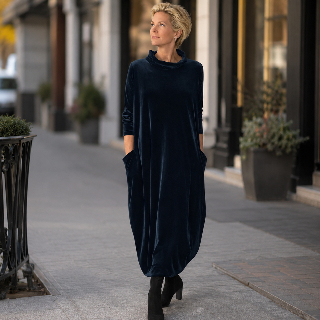 Ilianyette - Velvet High Neck Loose Fit Maxi Dress