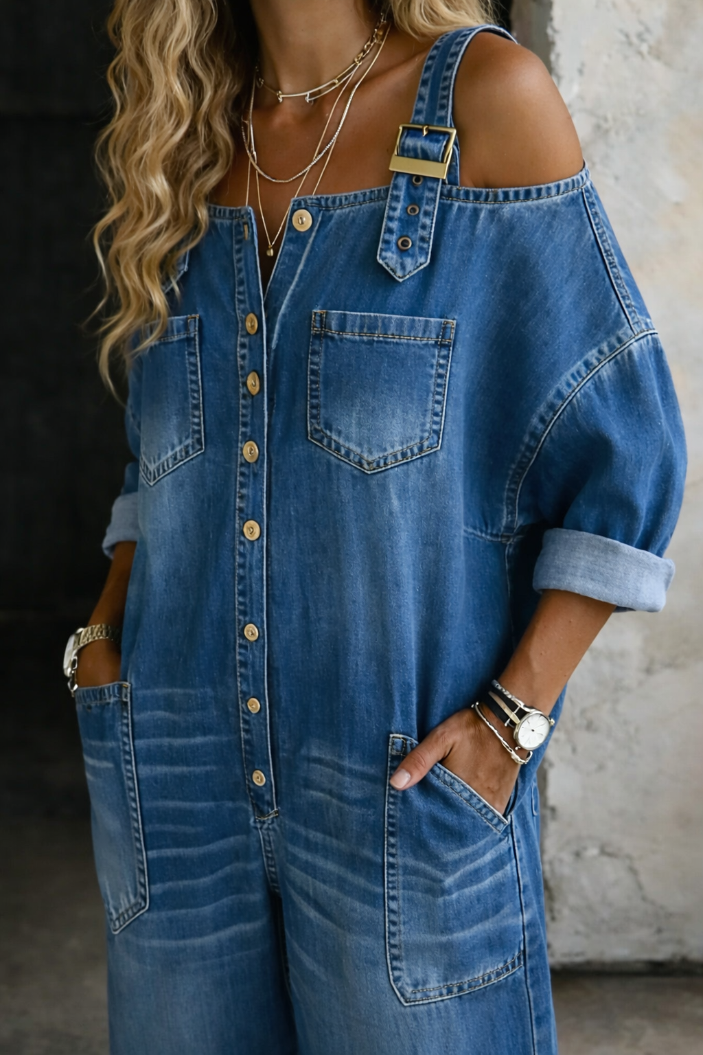 Armas - Off-Shoulder Denim Jumpsuit