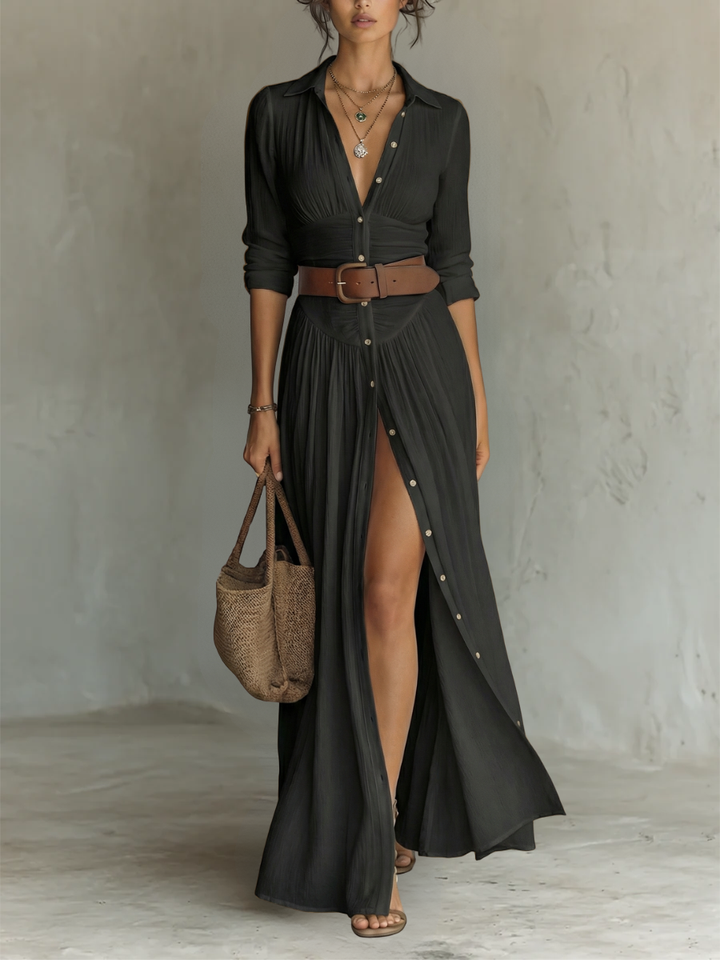 Sewmini - Linen Maxi Dress With Lapel Collar