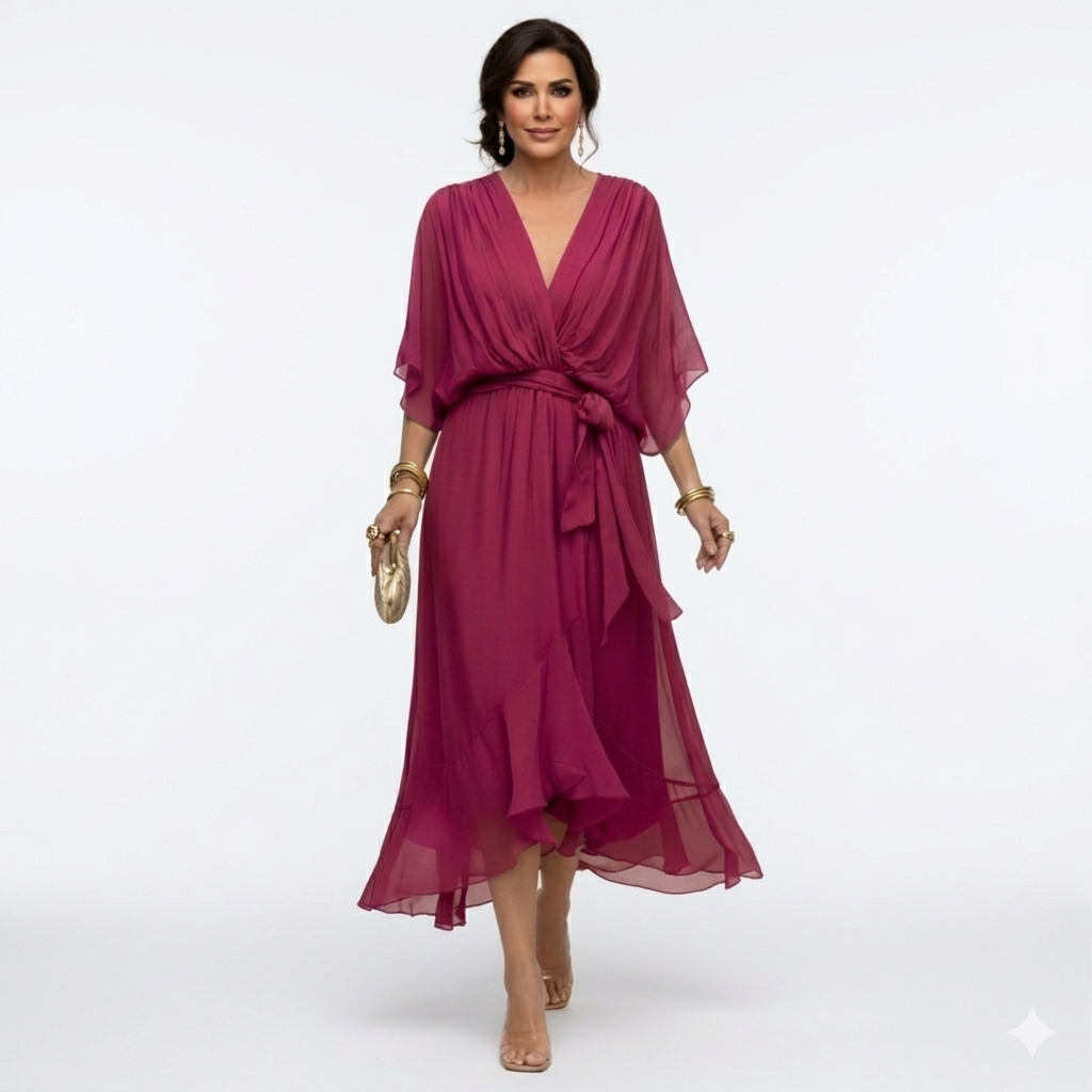 Zagda - Elegant V-Neck Midi Dress