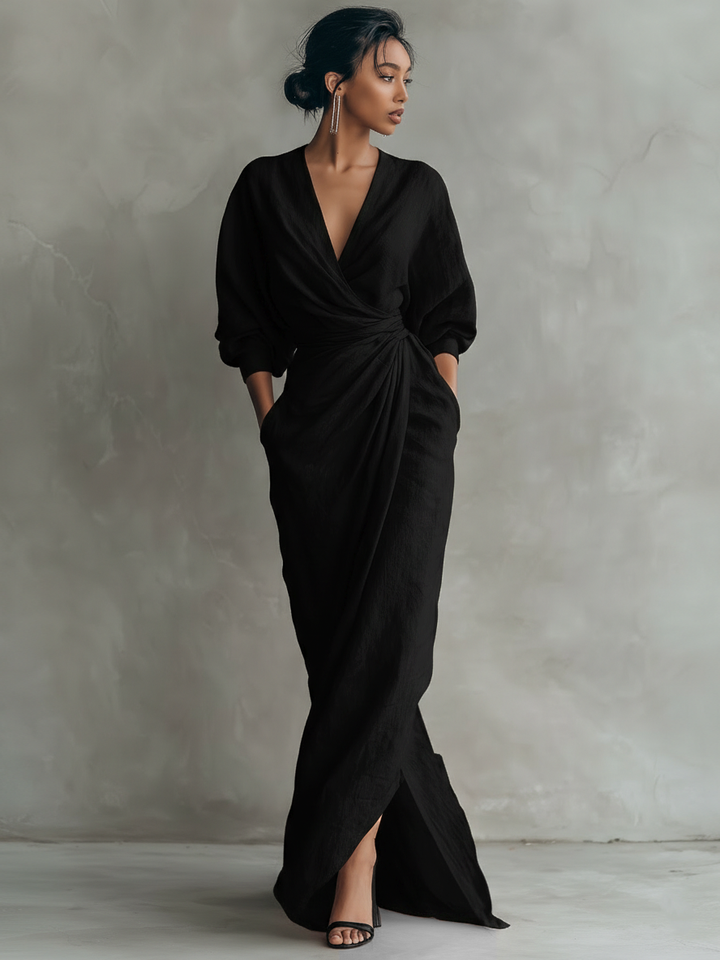 Konika - Minimalist Maxi Dress With V-neck