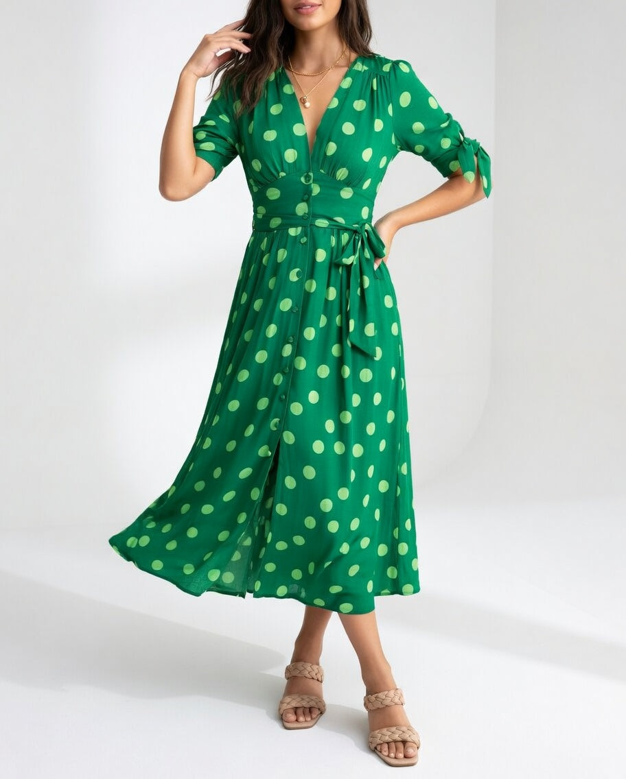 Fabienne - Elegant Polka Dot Print Midi Dress