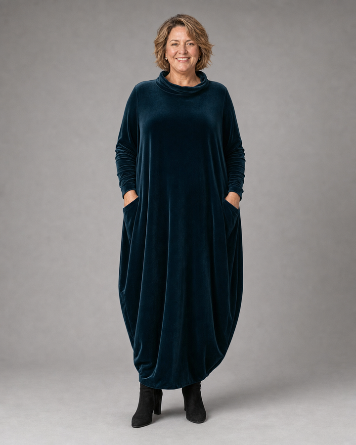 Ilianyette - Velvet High Neck Loose Fit Maxi Dress