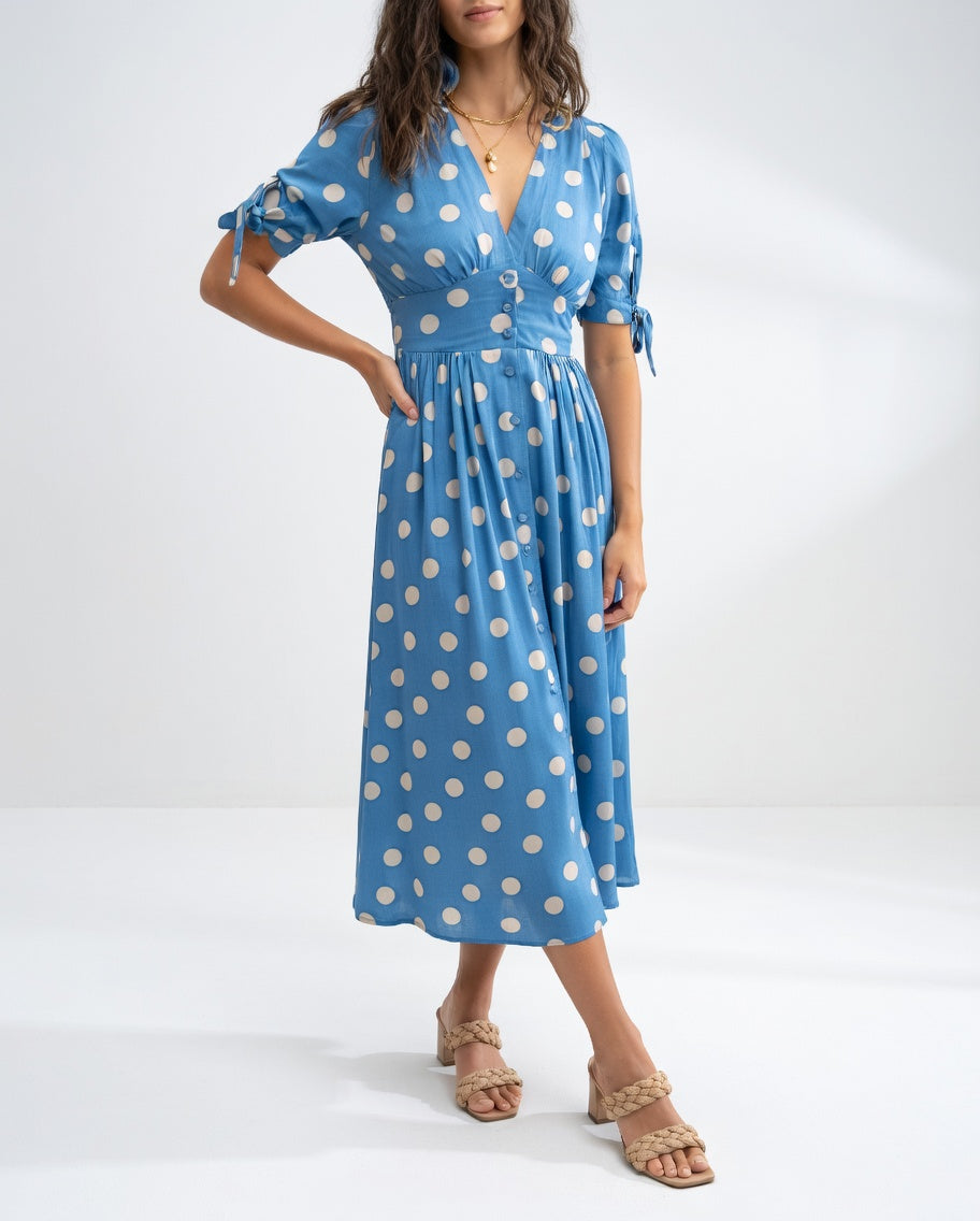Fabienne - Elegant Polka Dot Print Midi Dress