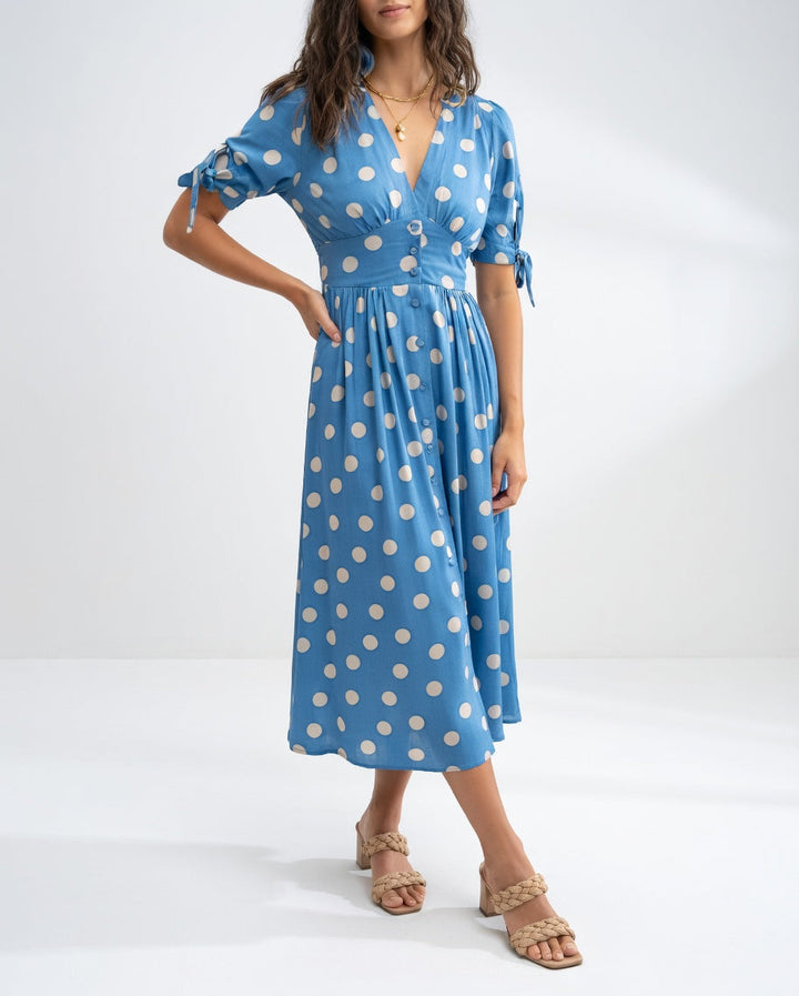 Fabienne - Elegant Polka Dot Print Midi Dress