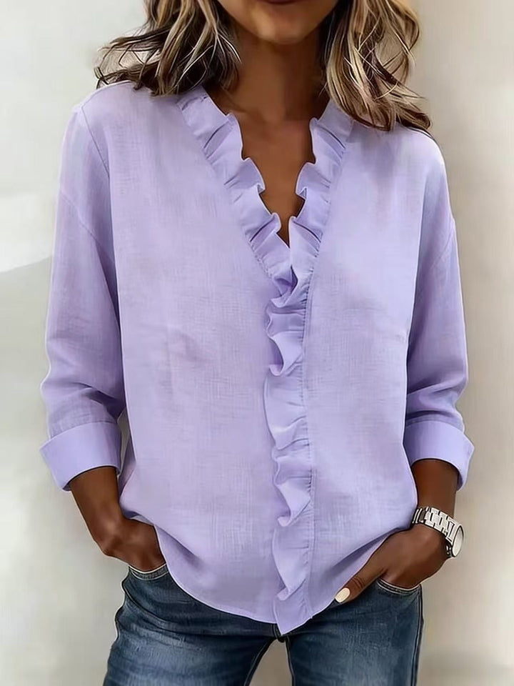 Pabasari - Stylish V-neck Blouse With Delicate Ruffles