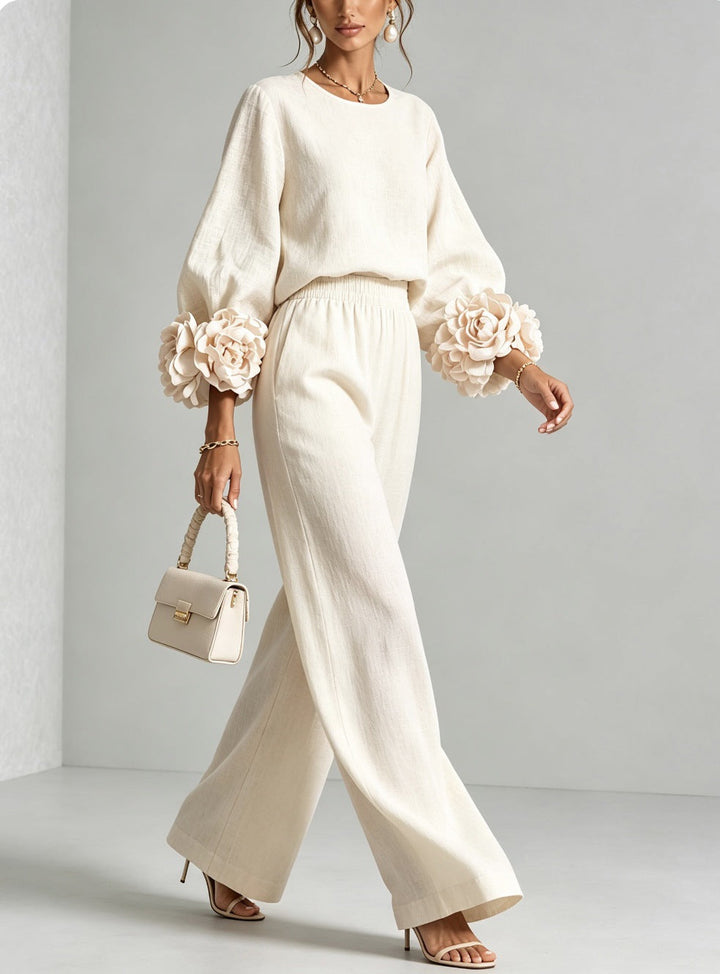 Renaella - Top and Pants Set With Floral Cuffs