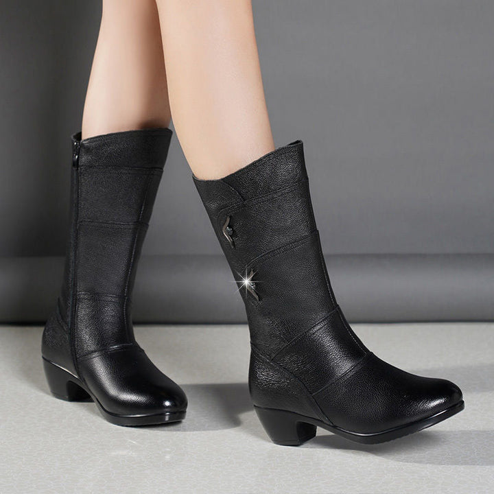 Dianina - Leather Boots with Low Block Heel And Decorative Acents