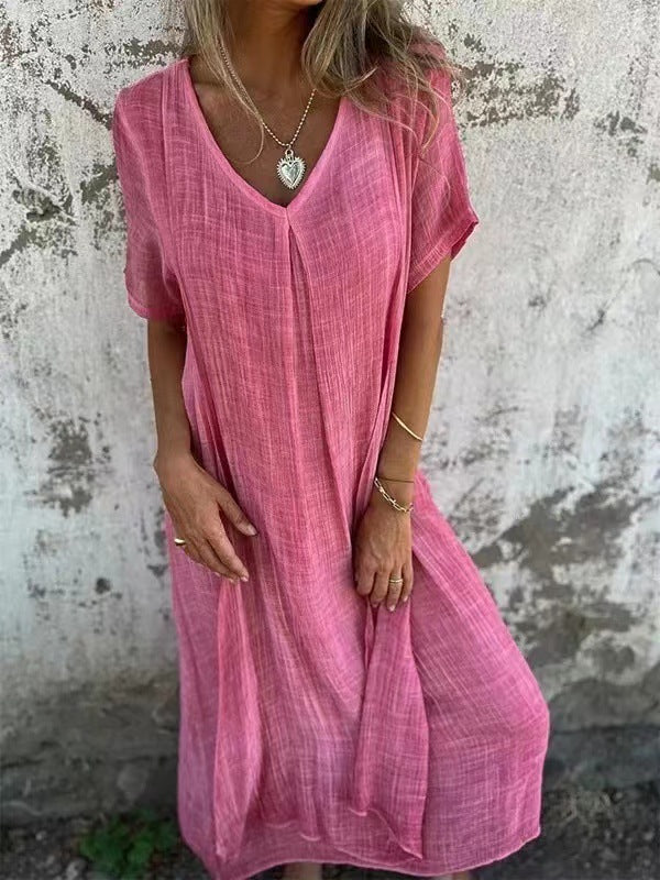 Naduni - Stylish V-Neck Cotton Linen Dress