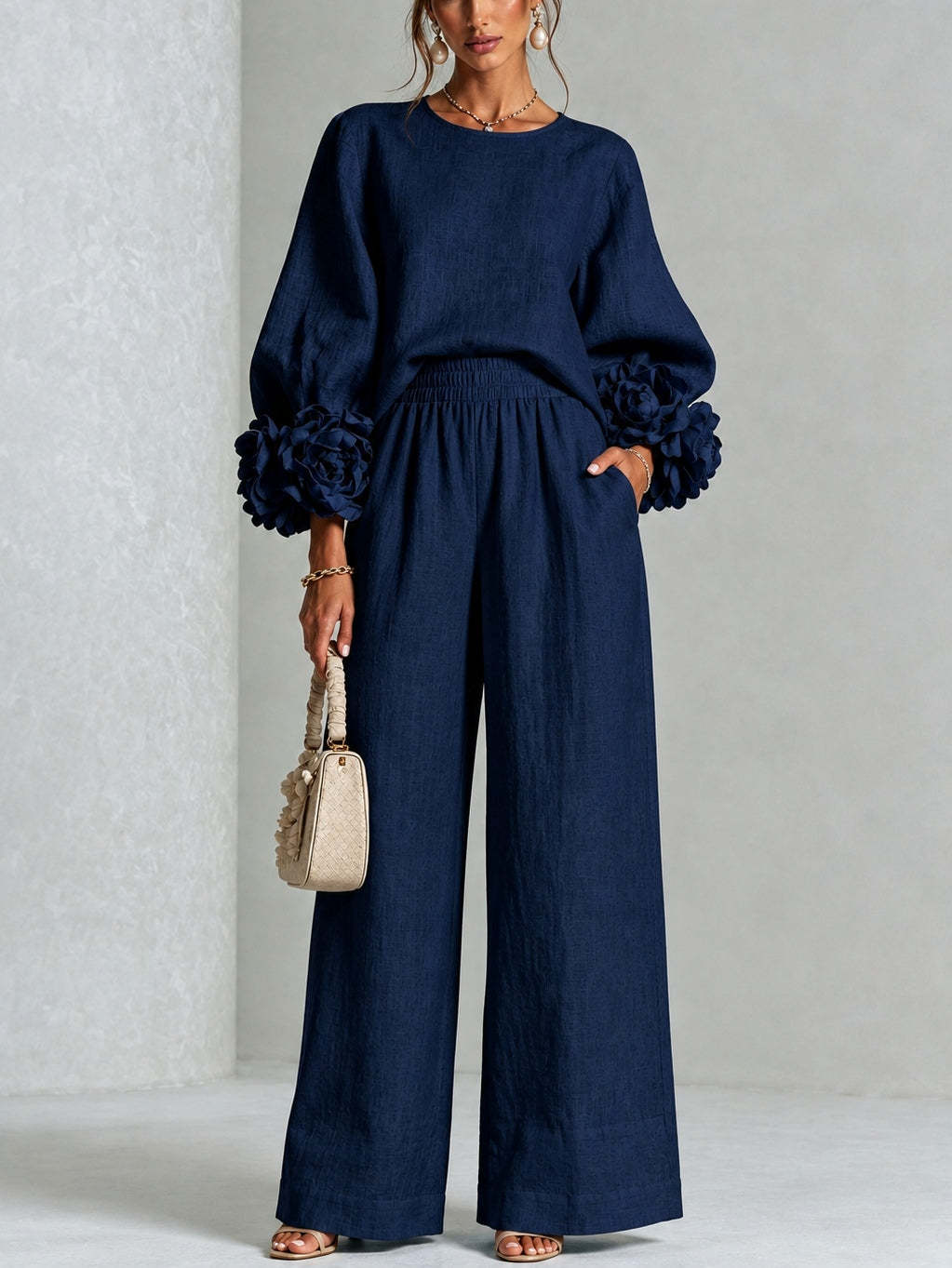 Renaella - Top and Pants Set With Floral Cuffs