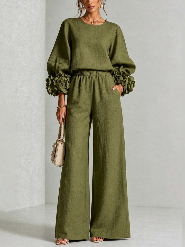 Renaella - Top and Pants Set With Floral Cuffs