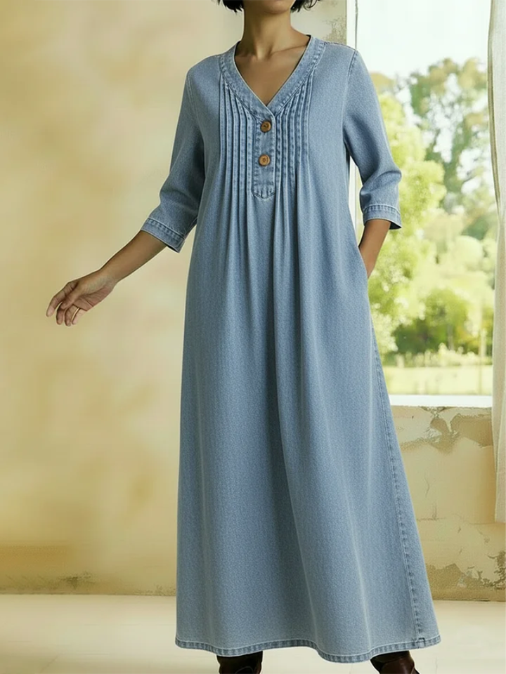 Danjela - V-neck Denim Dress With Buttons