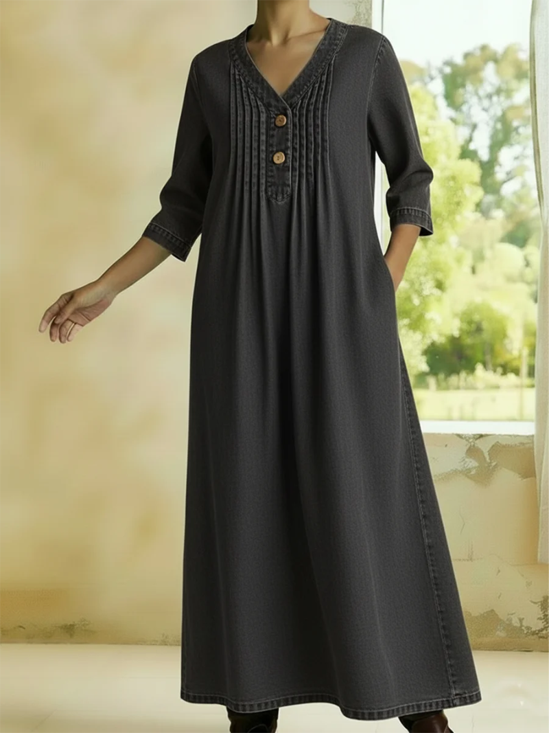 Danjela - V-neck Denim Dress With Buttons