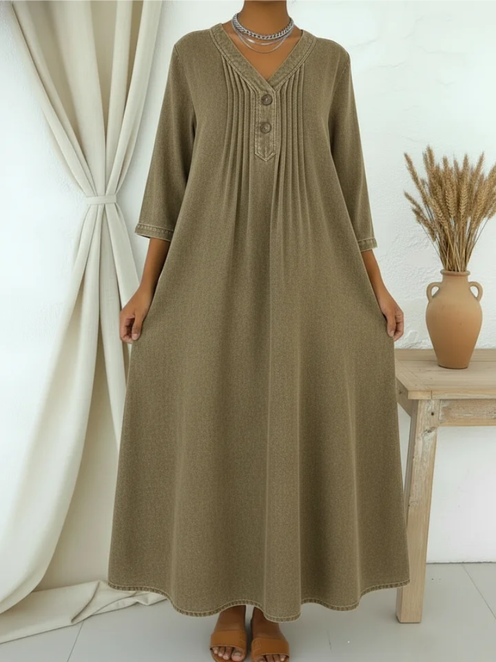 Danjela - V-neck Denim Dress With Buttons
