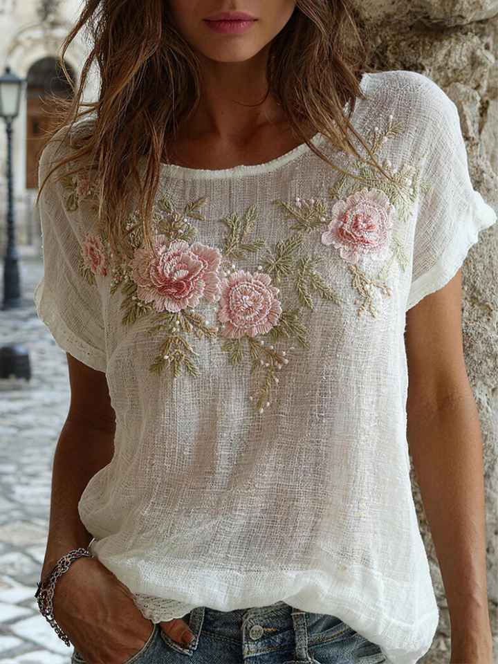 Nalena - Breathable Blouse With Floral Emboidery
