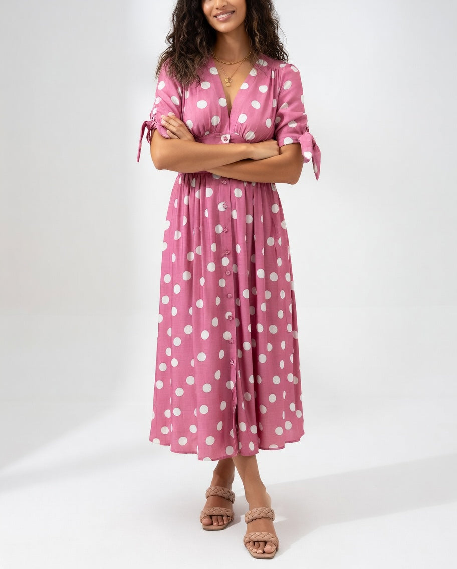 Fabienne - Elegant Polka Dot Print Midi Dress