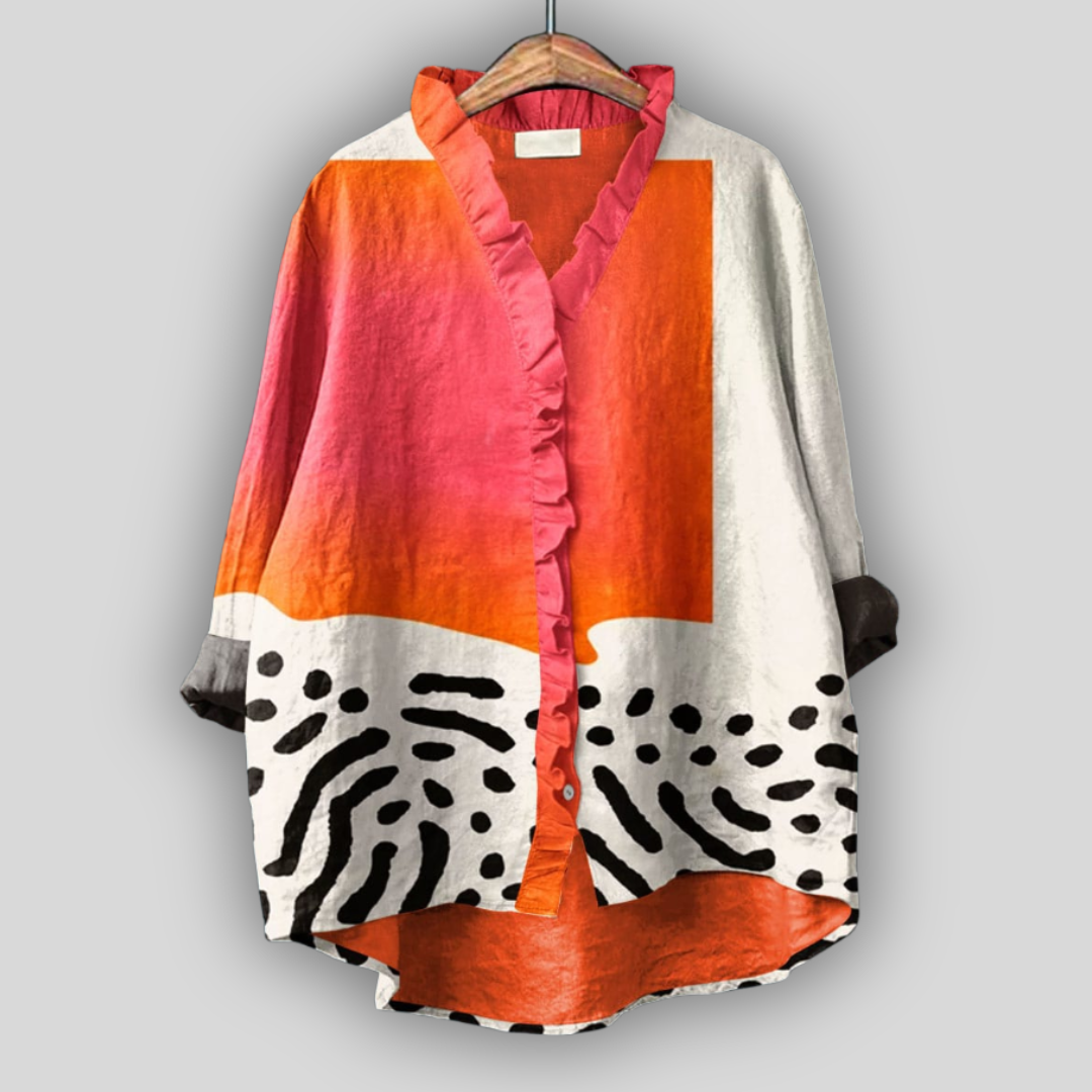 Calysta - Flowy Abstract Print Ruffle Blouse