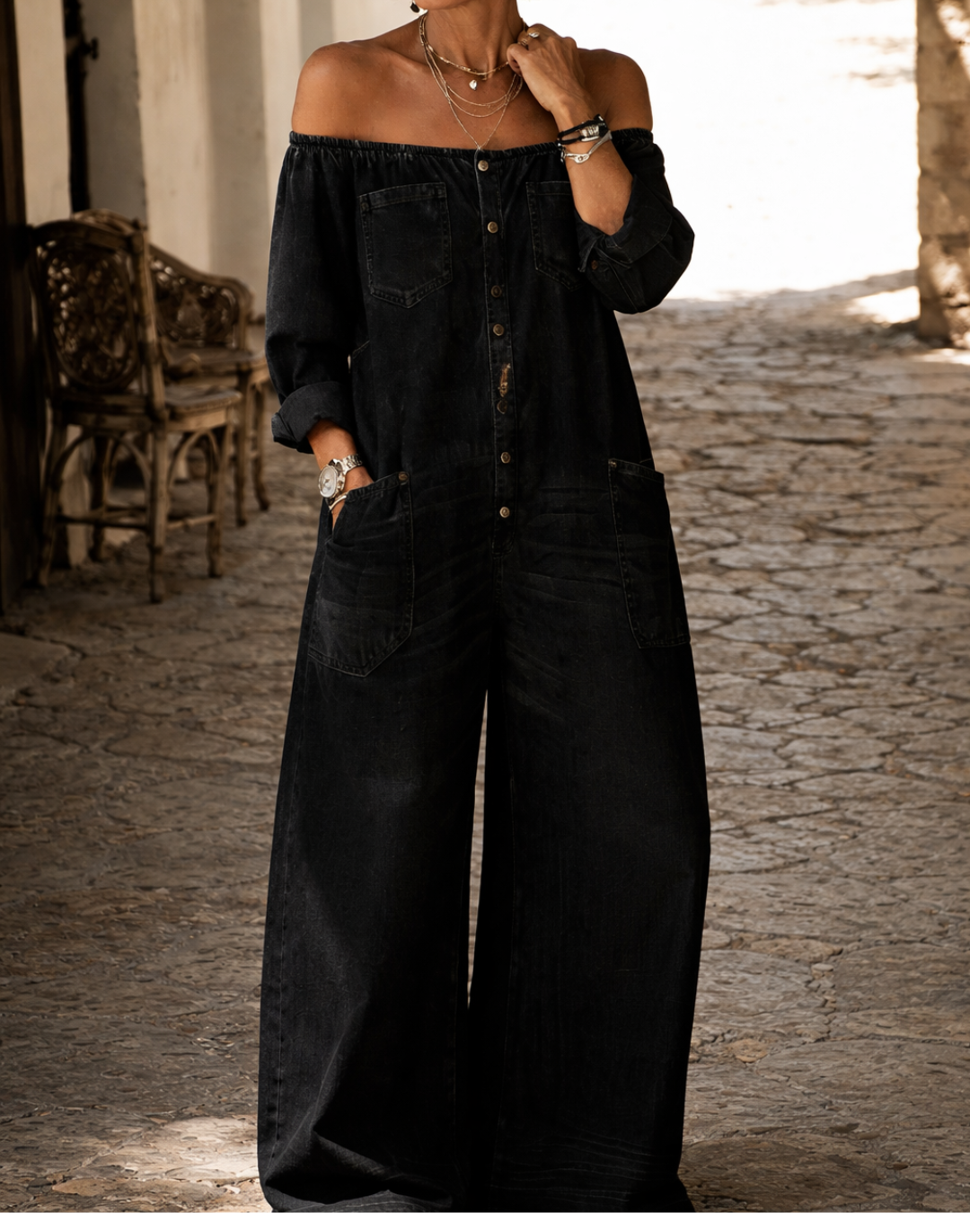 Elio - Denim Jumpsuit With Off Shoulder Neckline