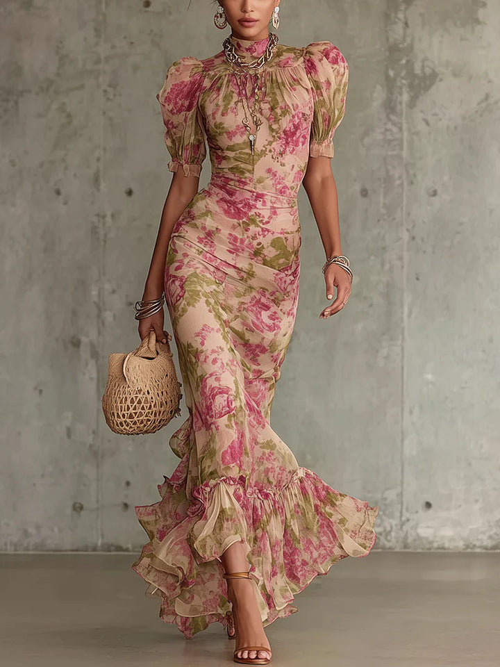 Erikka - Chiffon Floral Dress With Ruffled Hemline