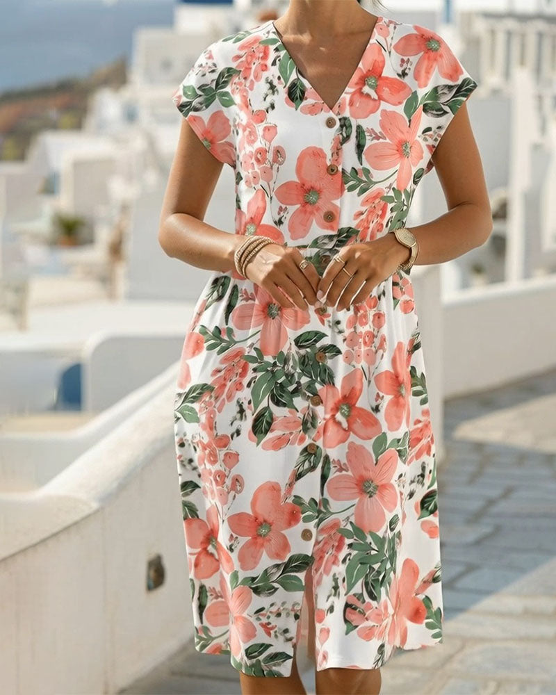 Sinera - Floral Print Dress With Short Sleeves