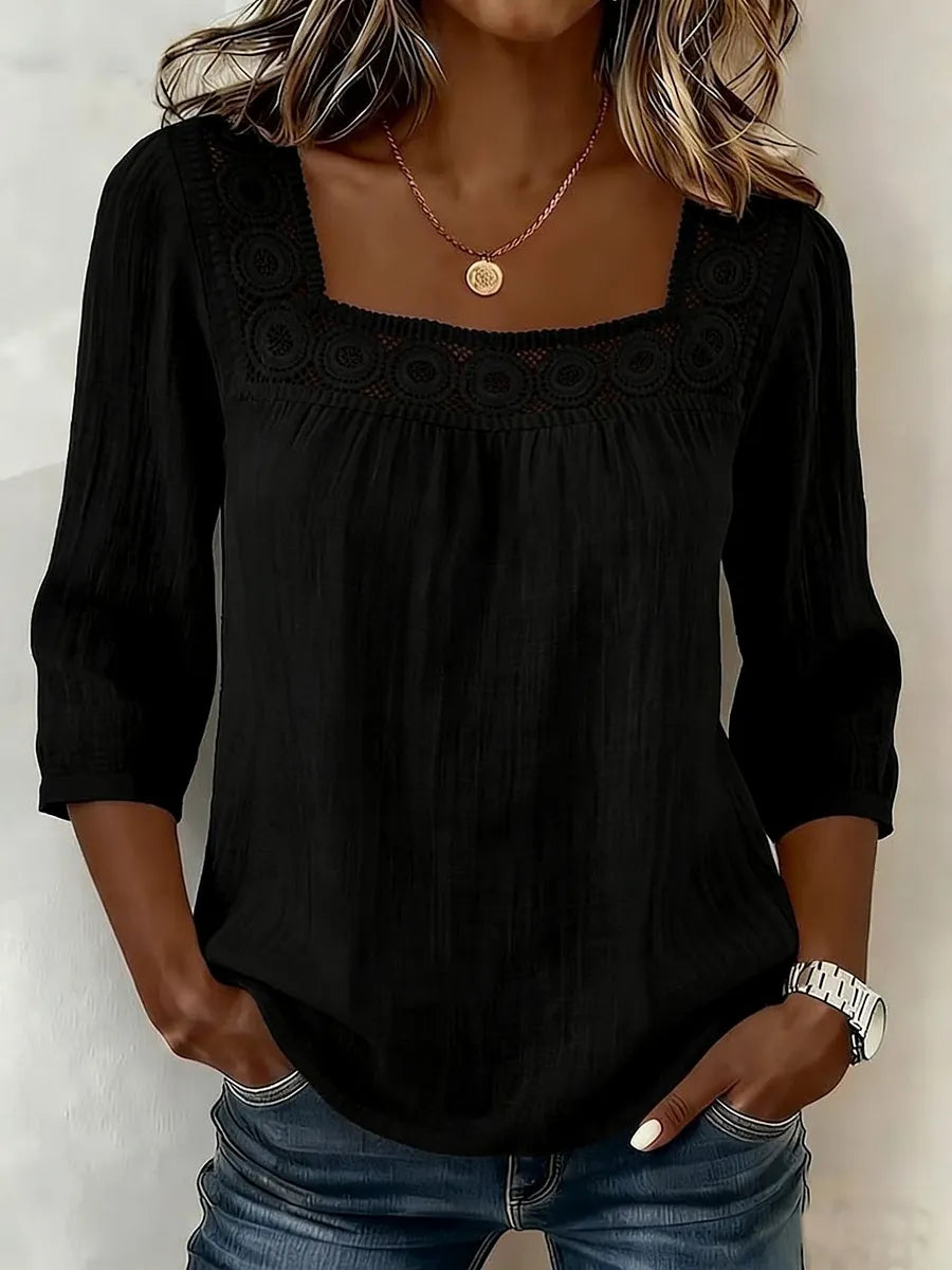 Nozomi - Square Neck Lace Patchwork Blouse