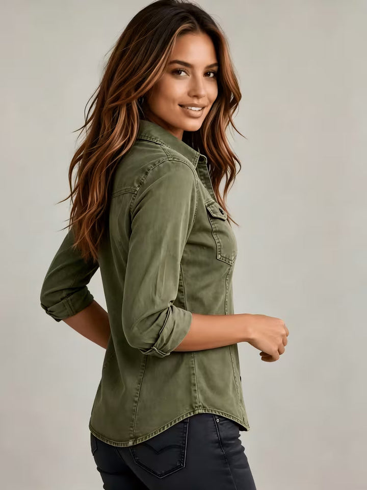 Rihana - Vintage Denim Cinched Collar Top