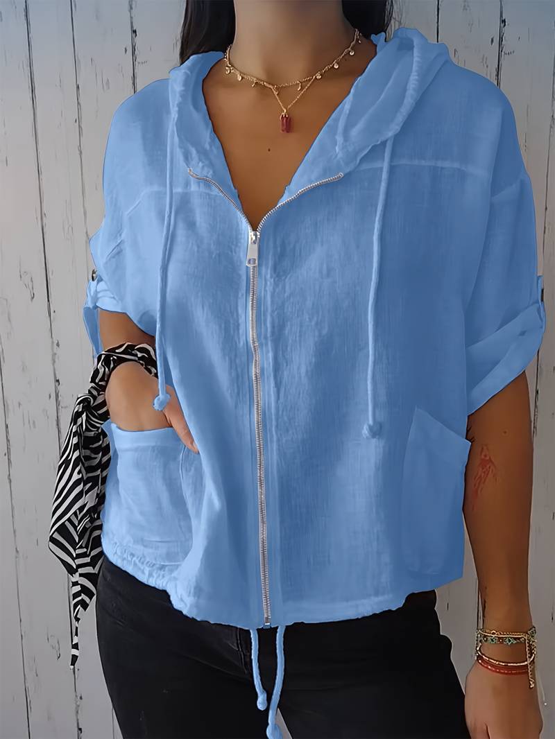Senushi - Short Sleeve Loose Hooded With Zippered
