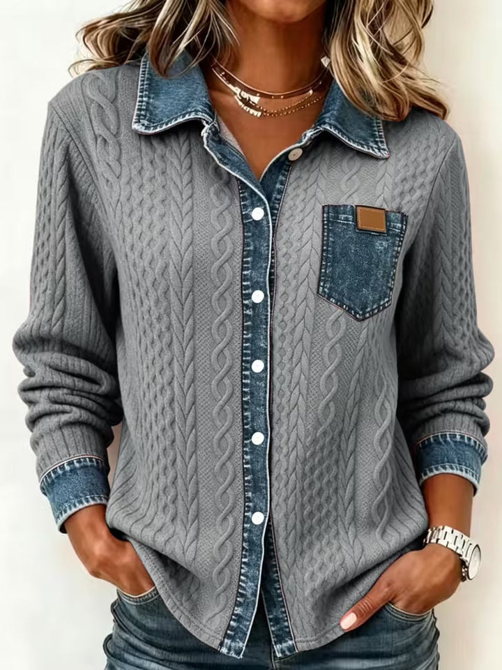 Isolaruya - Long Sleeve Cable Knit Shirt with Denim Collar