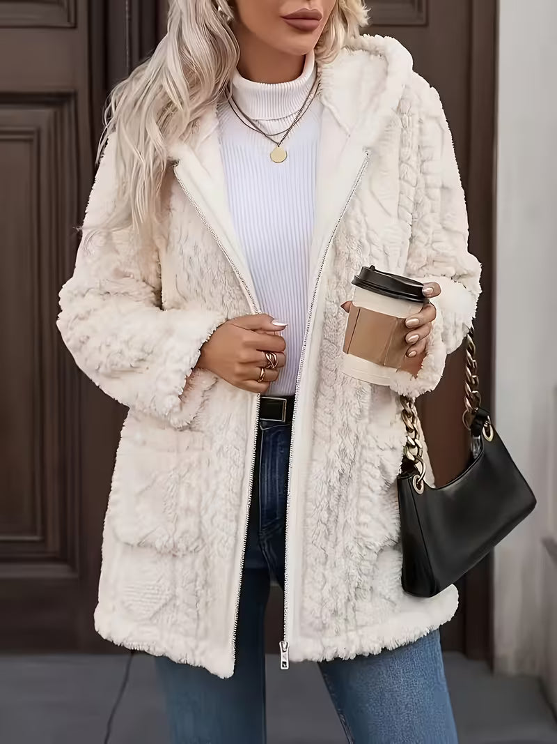 Zanea - Double Sided Plush Zip-Up Hooded Cardigan