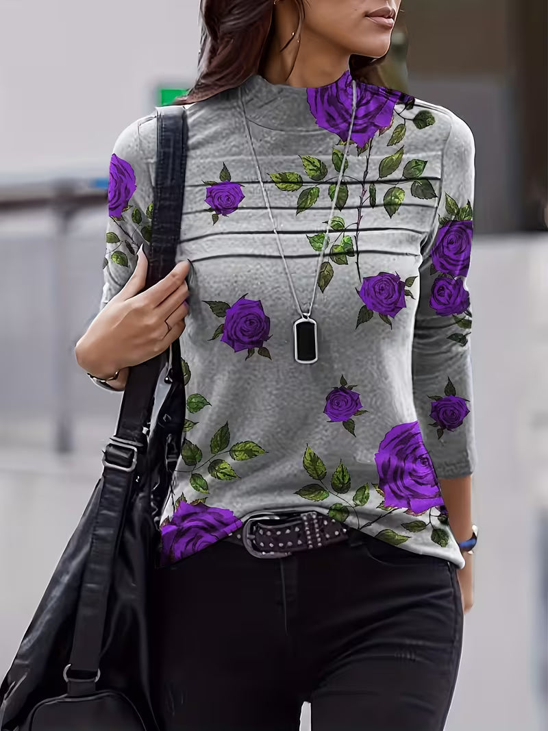 Geneora - Floral Print Mock Neck Top