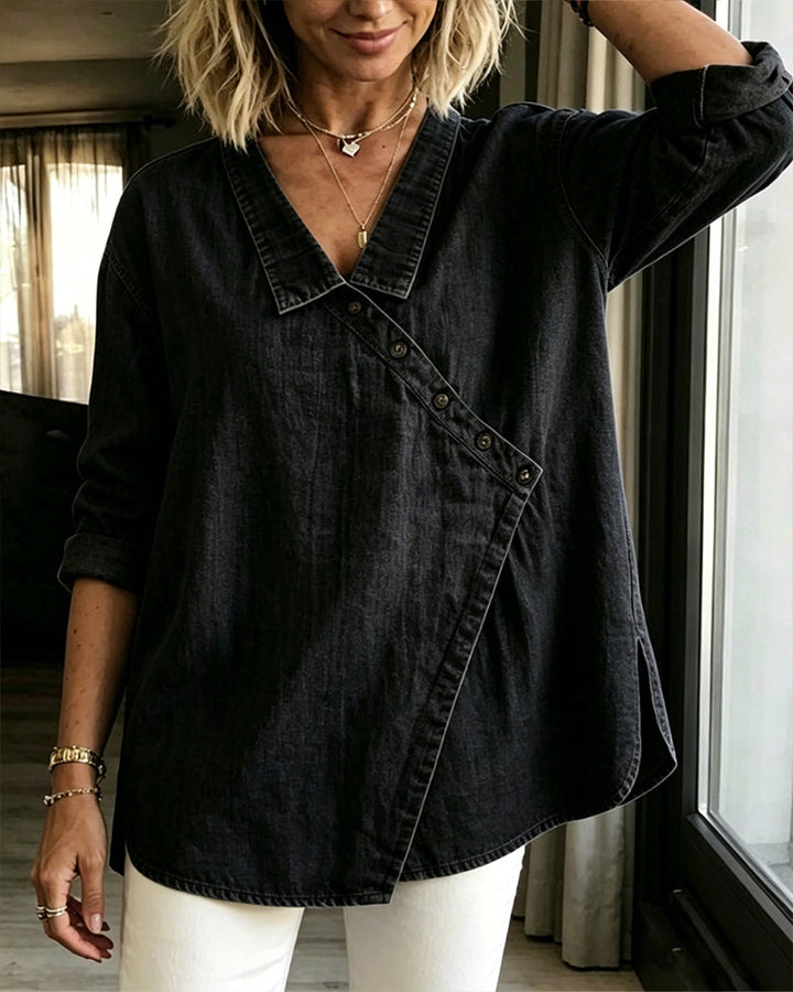 Kalisaisa - Plain Blouse With Diagonal Button Neck